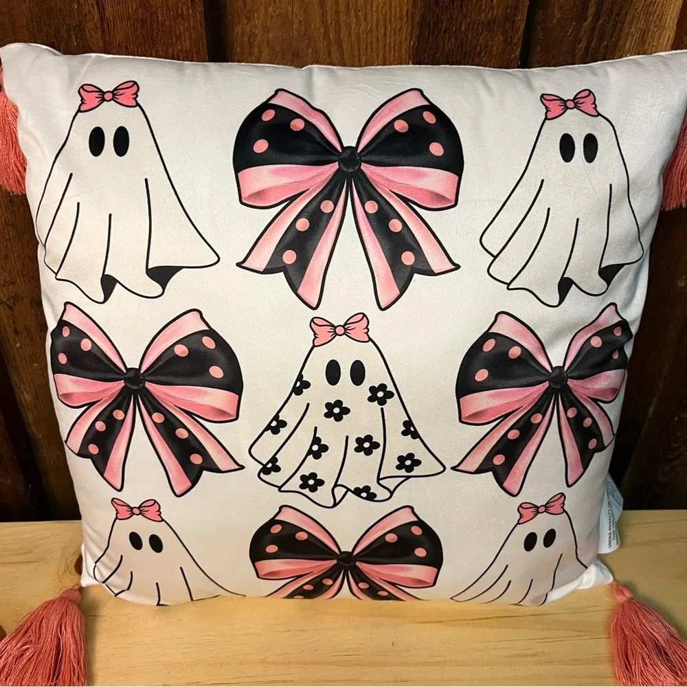 Girly Ghost Bows Throw Pillow With Tassels Spooky Halloween Pink Floral